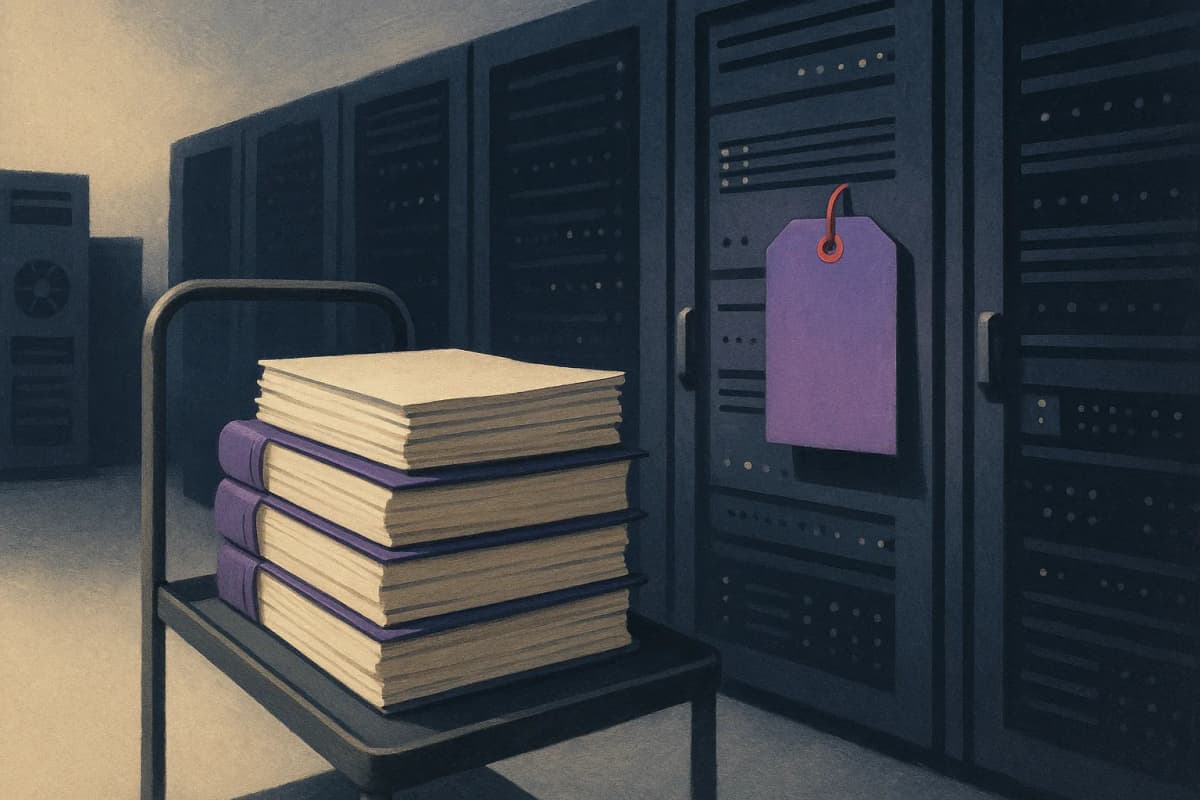 A row of server racks in a dim data center with a red court-auction lot tag hanging from one rack door and a stack of bound bankruptcy filings on a cart in front of it; no text or logos.