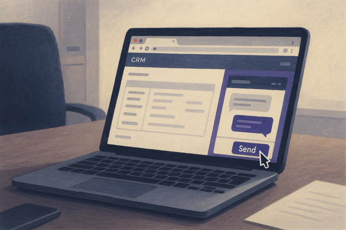 A laptop on an office desk with a Chrome window open to a CRM record, a sidebar chat panel on the right, and a cursor hovering over a 'Send' button with no person in the chair.