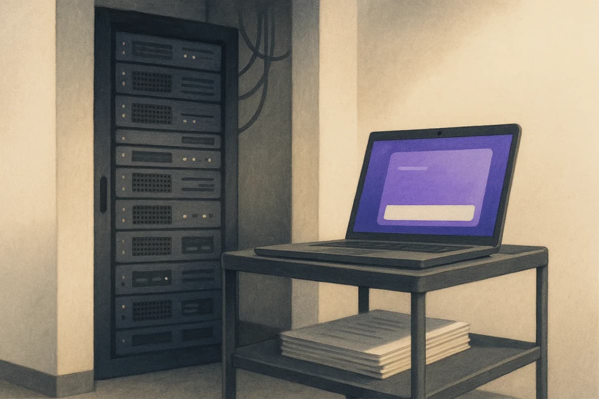 A server rack in a small office comms closet with a single laptop on a cart beside it showing a blank chat window, a stack of printed invoices on the cart's lower shelf.