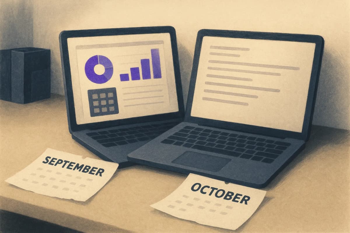 An office desk with two identical laptops side by side, one screen showing a colourful interactive chart and calculator widget, the other showing plain text, with two paper calendar pages beside them torn to September an