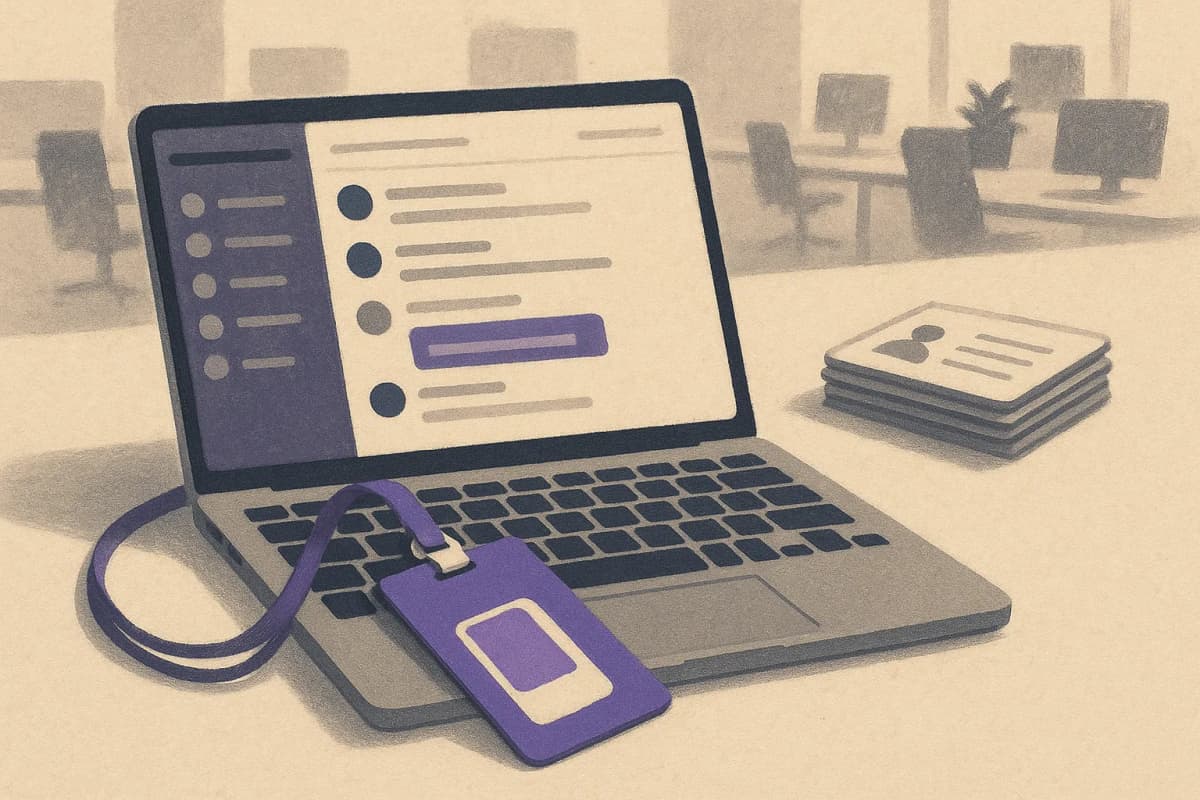 A laptop on an open-plan office desk showing a busy team chat channel, with a single shared key card on a lanyard lying across the keyboard and a stack of employee ID badges pushed to one side.