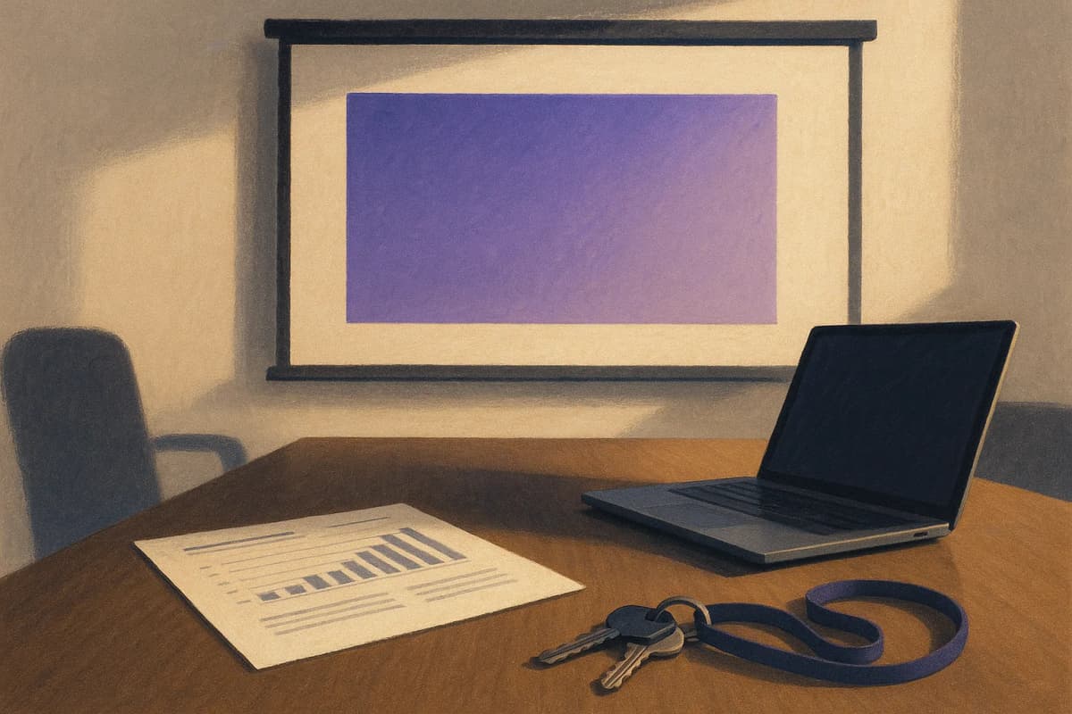 A conference room projector screen showing a blank presentation slide, with a laptop on the table beside a printed client financial report and a set of office keys left on a lanyard, late afternoon light.
