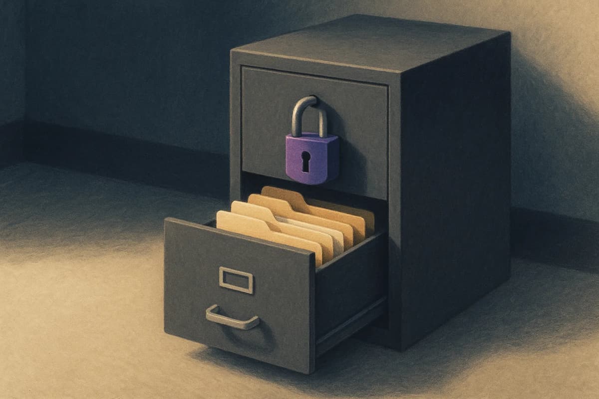 A filing cabinet with one drawer pulled open and a padlock hanging unlocked from the top drawer, nested folders visible inside, on an office floor at dusk.