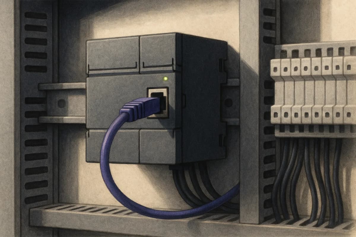A grey Siemens-style industrial PLC on a DIN rail inside an open control cabinet, with a single blue ethernet cable plugged into its network port and running out of frame; wiring ducts and terminal blocks around it, one
