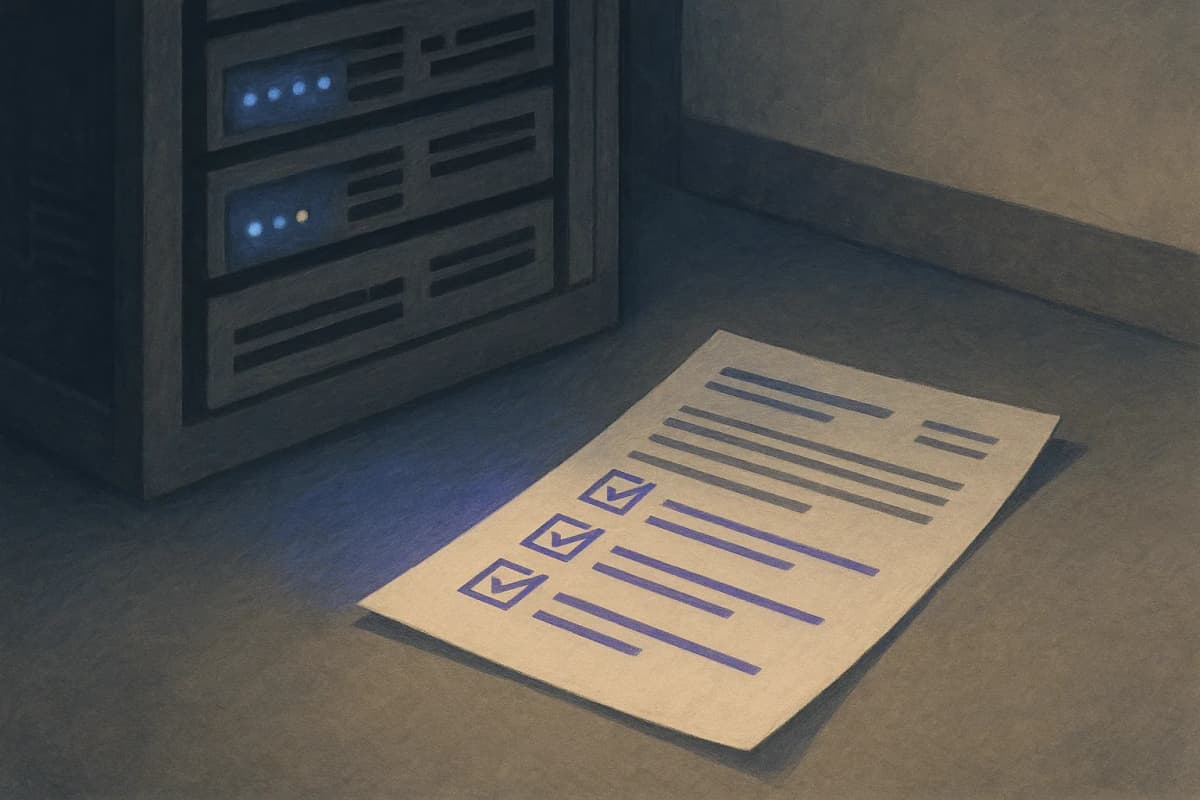 A printed government advisory document lying face-up on a server-room floor beside a rack of humming machines, its pages showing a checklist with several boxes ticked, lit by the blue glow of the rack.