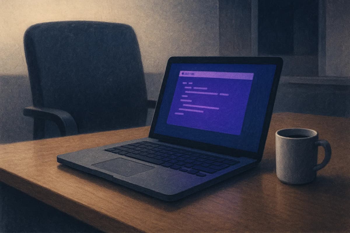 An unattended open laptop on a wooden desk in a dim office at night, a glowing terminal window on its screen, the chair pushed back and empty, a cold cup of coffee beside the keyboard.