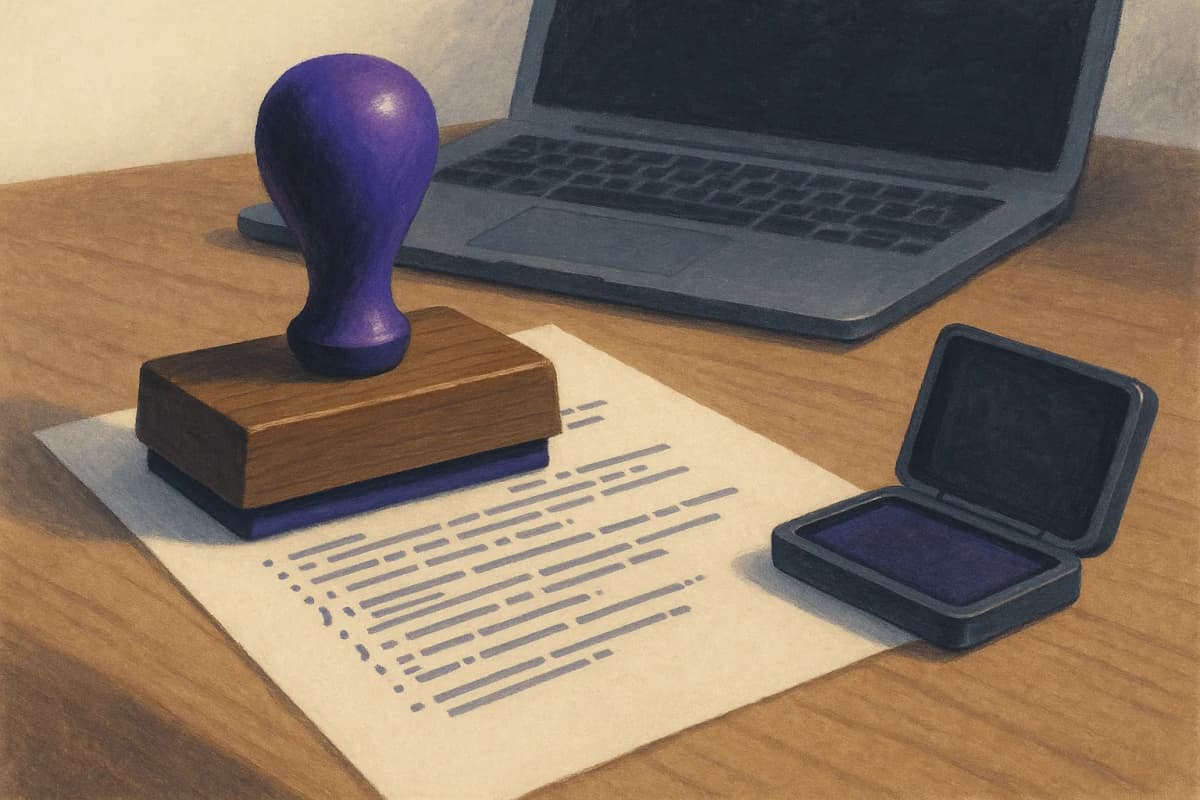 A single printed page of plain unreadable markdown lying on a wooden desk, half-fed beneath a heavy wooden rubber approval stamp with an ink pad beside it, an open laptop just behind on the same desk. No readable text or