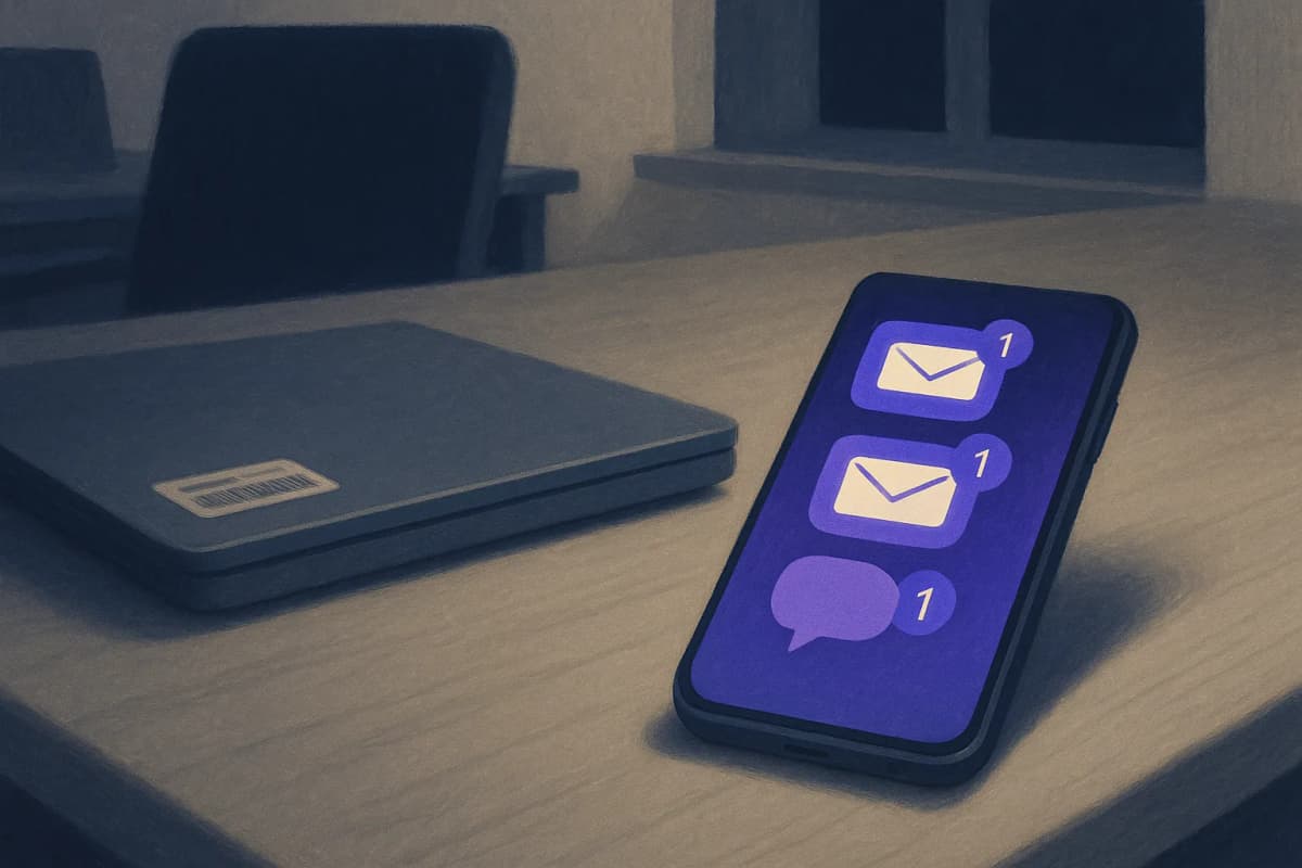 A smartphone lying face-up on an empty office desk at night, its screen glowing with a stack of unread email and chat notifications, beside a closed company laptop with an IT asset tag sticker.