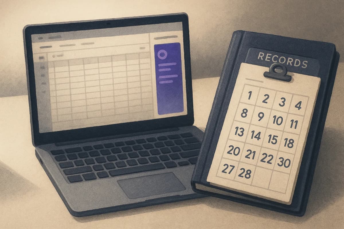 A laptop on an office desk showing a spreadsheet with a narrow assistant sidebar open on the right, next to a paper records-retention binder with a 30-day calendar page clipped to its cover.