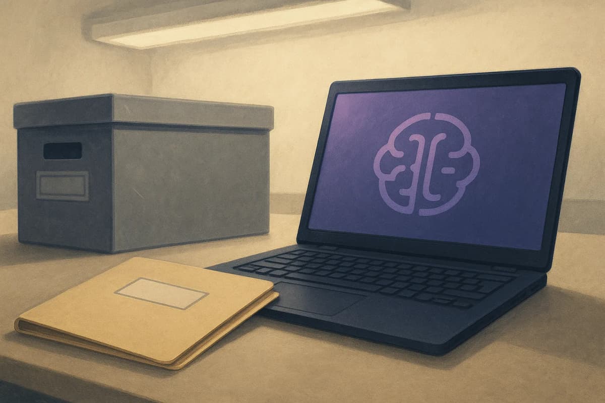 A government-issue laptop on a records office desk, its lid open, sitting next to a gray metal records-retention box and a manila folder stamped with a blank label, under fluorescent office light.