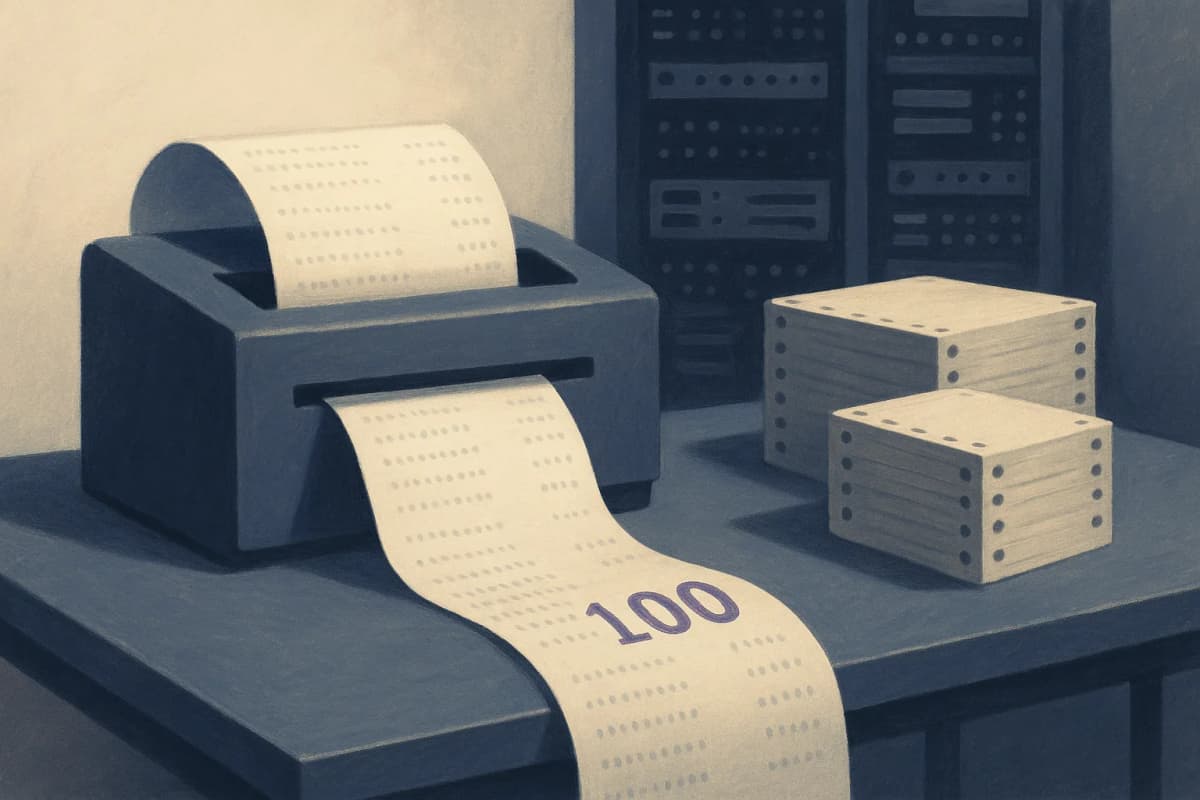 A server-room billing printer feeding out a long paper invoice on which a single line of figures abruptly jumps in size halfway down the page, with a small and a large stack of punched paper tapes beside it on a steel de