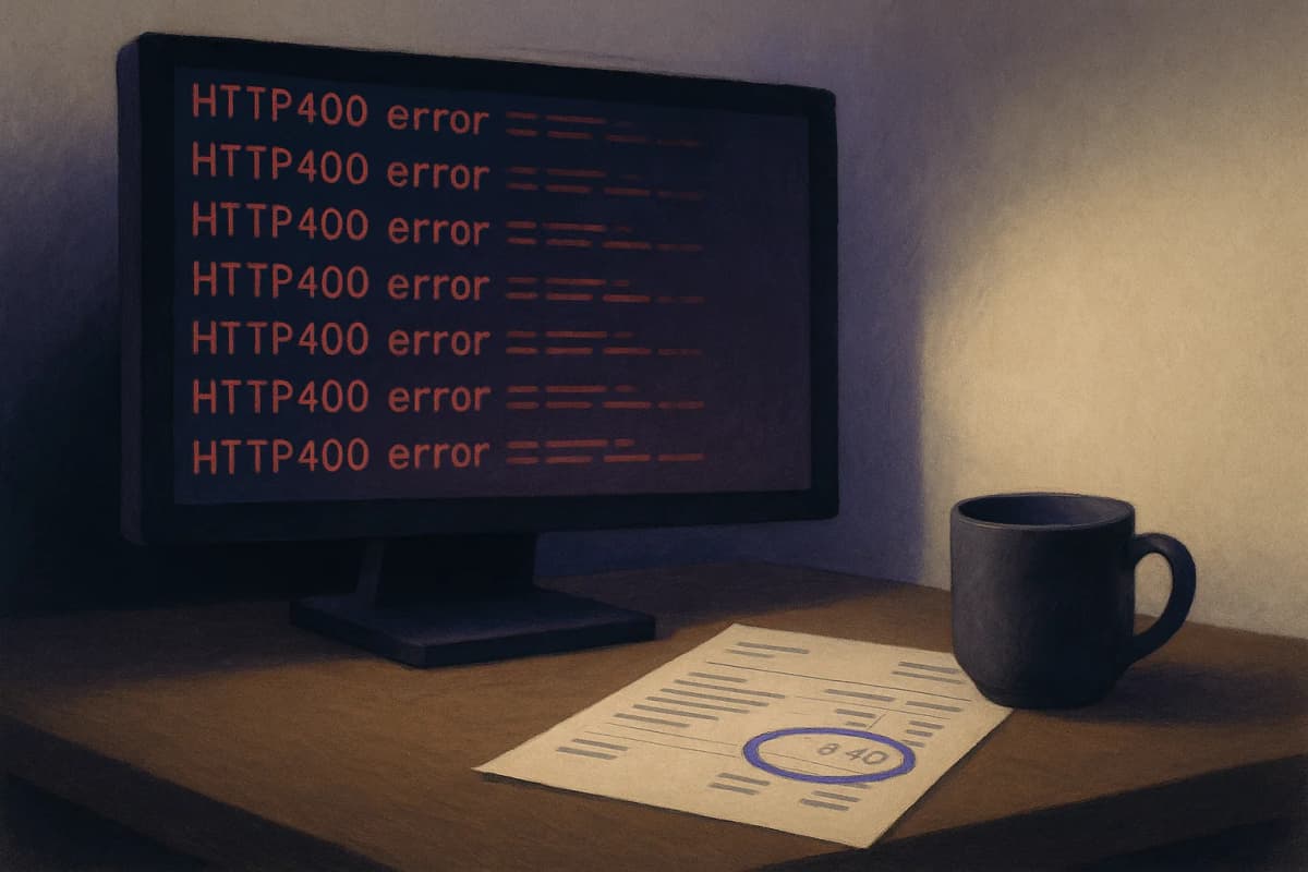 A developer's desk at night with a monitor showing a wall of red HTTP 400 error lines in a terminal, beside a printed invoice with a price circled and a coffee mug, lit only by the screen.