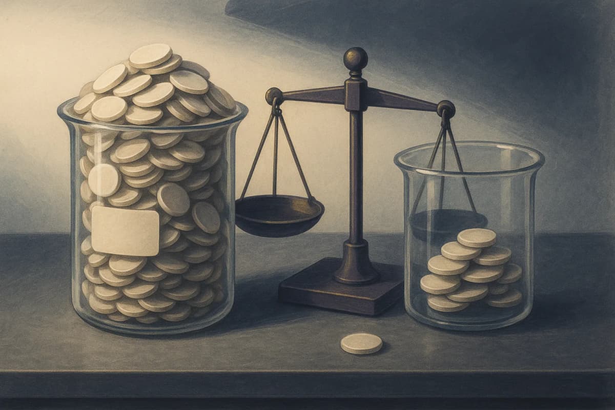 Two identical glass laboratory beakers on a steel workbench, one labelled only by a small blank tag, the left one nearly overflowing with a dense pile of small paper tokens and the right one holding a much smaller pile,