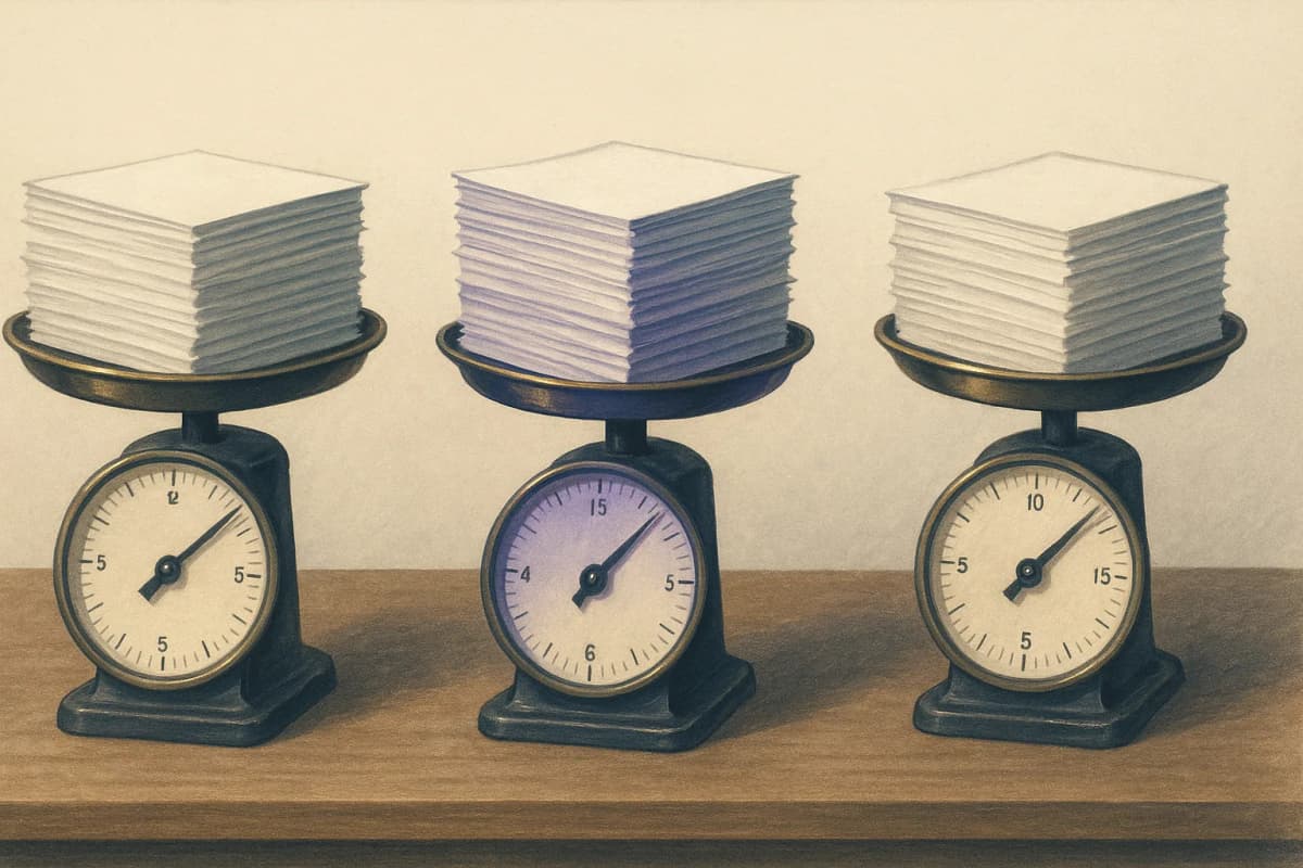 Three identical stacks of printed white paper sitting on three separate brass mechanical weighing scales on a wooden desk, each scale's dial needle pointing to a visibly different position.