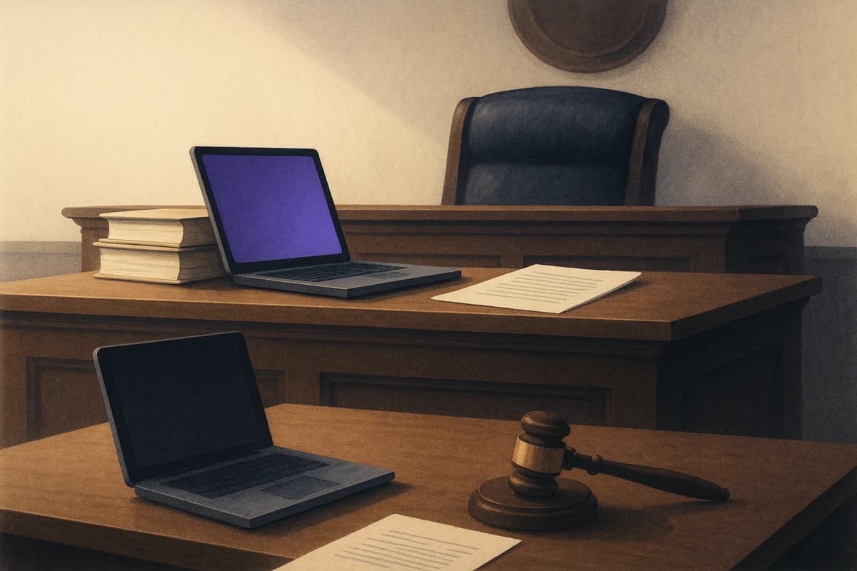 A judge's empty wooden bench in a quiet courtroom with a laptop open on it beside a stack of case files and a printed draft order, the lawyers' counsel table visible in the foreground with a second laptop.