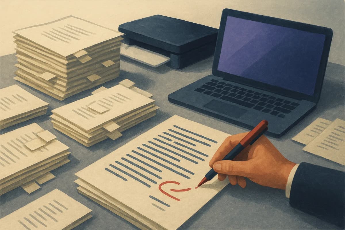 A conference table covered in stacks of yellowed paper contracts with staples and handwritten amendment tabs, next to a flatbed scanner and a laptop, a lawyer's red pen marking a clause on one page.