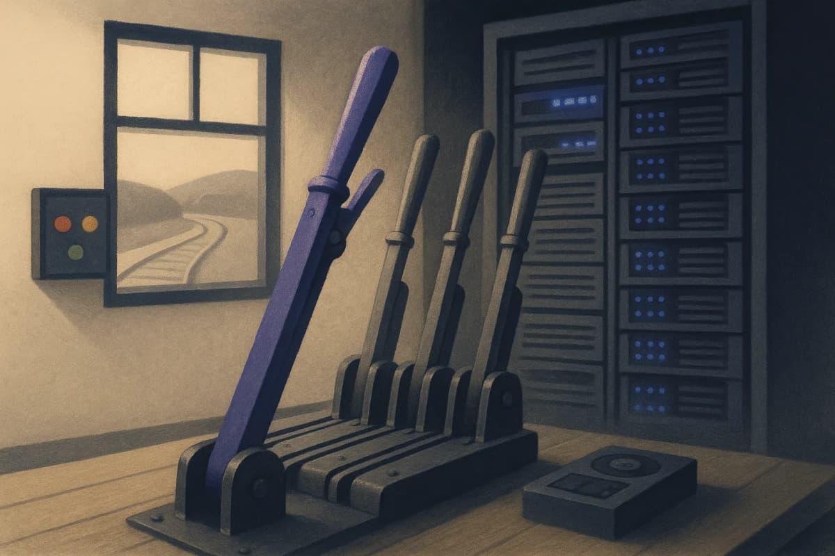 A railway signal box interior with a single operator's lever frame, one heavy lever pulled toward a track labelled only by coloured lamps, a rack of server blades glowing behind the levers.