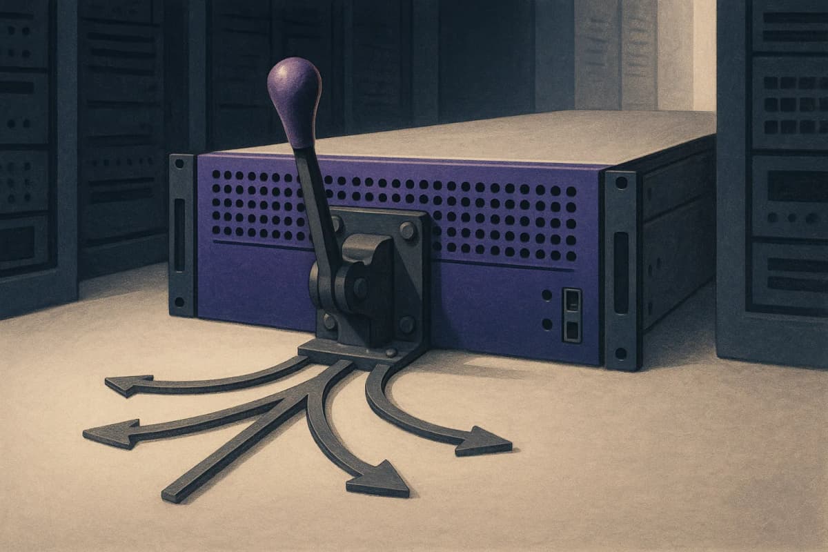 A single rack-mounted GPU server in a dim data-centre aisle with a railway-style track switch lever bolted to its front panel, one track splitting into several.