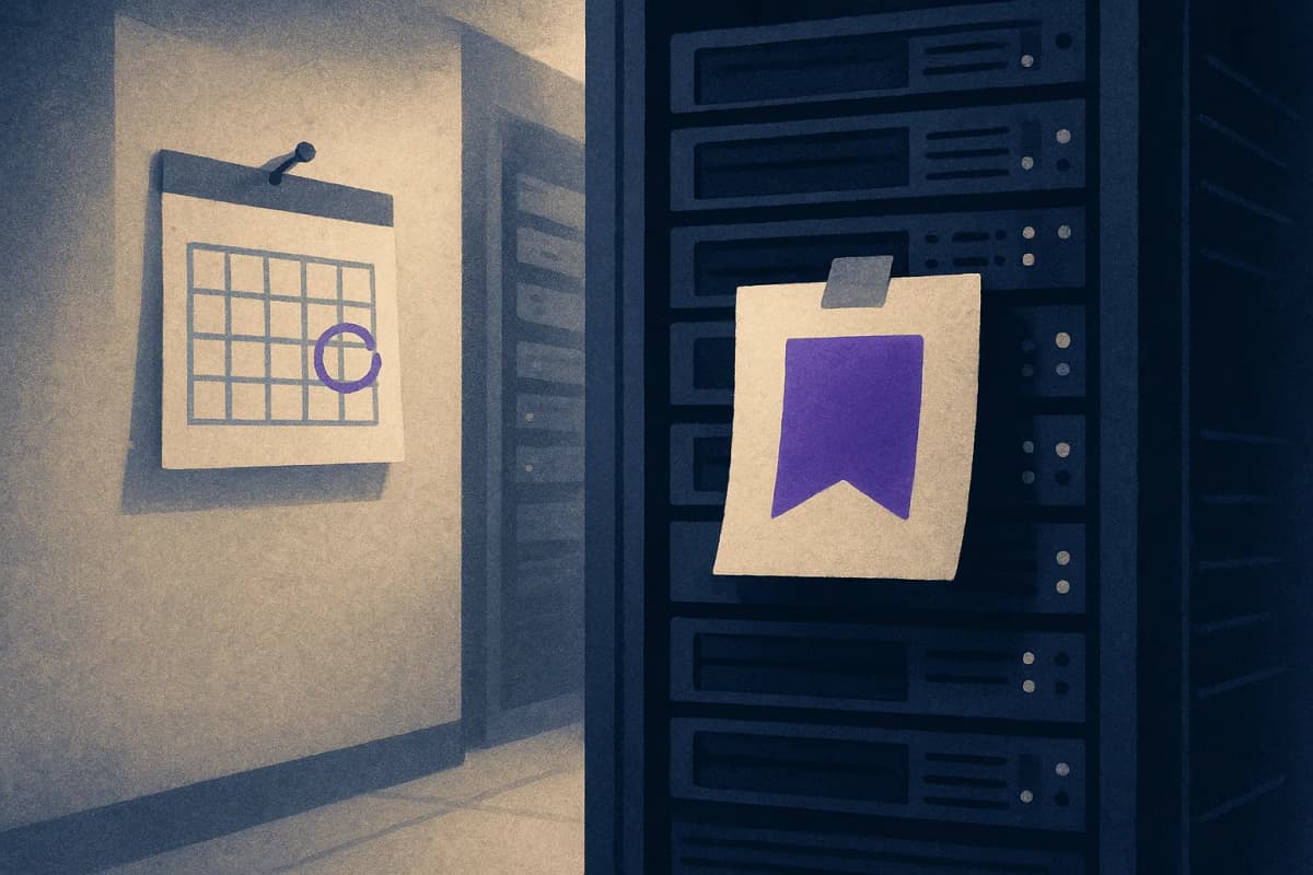 A server rack in a dim data-centre aisle with a paper shutdown notice taped to its door and a wall calendar beside it with a date circled six months ahead; no text legible, no logos.