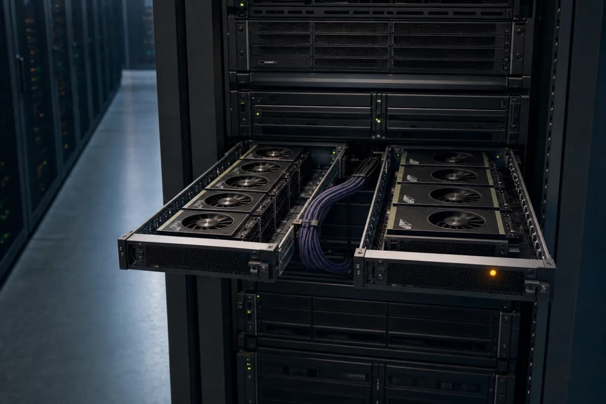 A rack of GPU servers in a dimly lit data centre aisle, with two server trays pulled out side by side and a single bundle of cables running between them, one tray's status light glowing amber.
