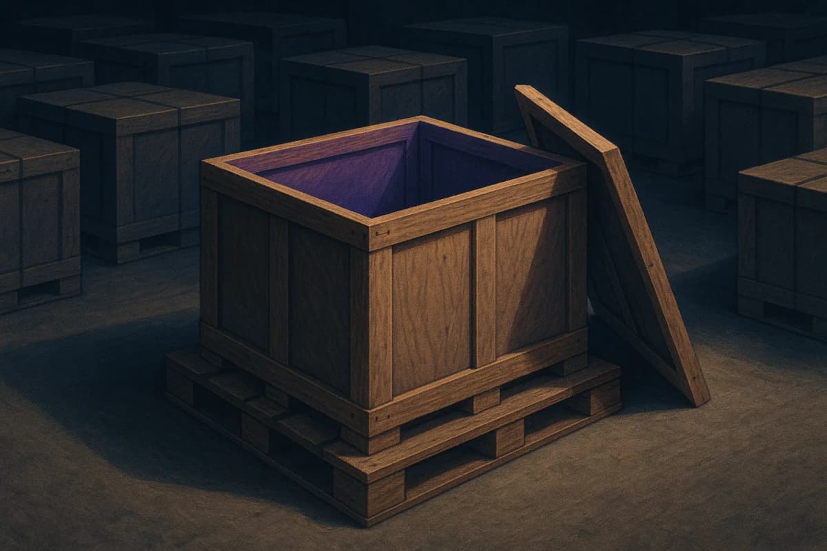 An open wooden shipping crate on a warehouse pallet, its lid pried off to reveal it is completely empty, standing in a dim aisle among sealed identical crates.