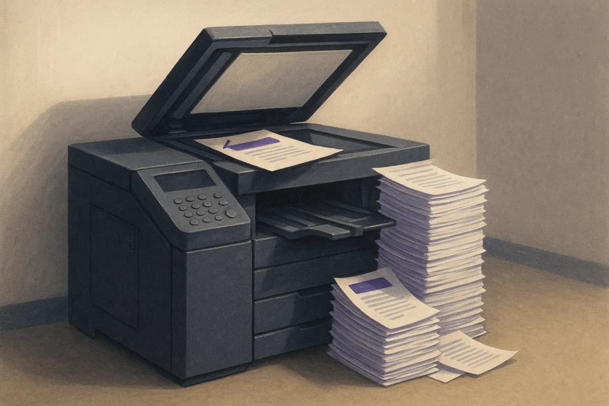An office photocopier mid-run in a quiet workroom, a single stapled paper original still lying on the open glass while a tall stack of identical copies spills out of the output tray onto the floor.