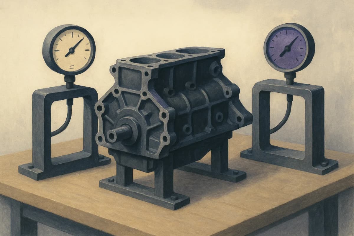 A single identical engine block on a workshop bench, bolted into two different metal test frames side by side, with a round pressure dial mounted on each frame showing two clearly different needle positions.
