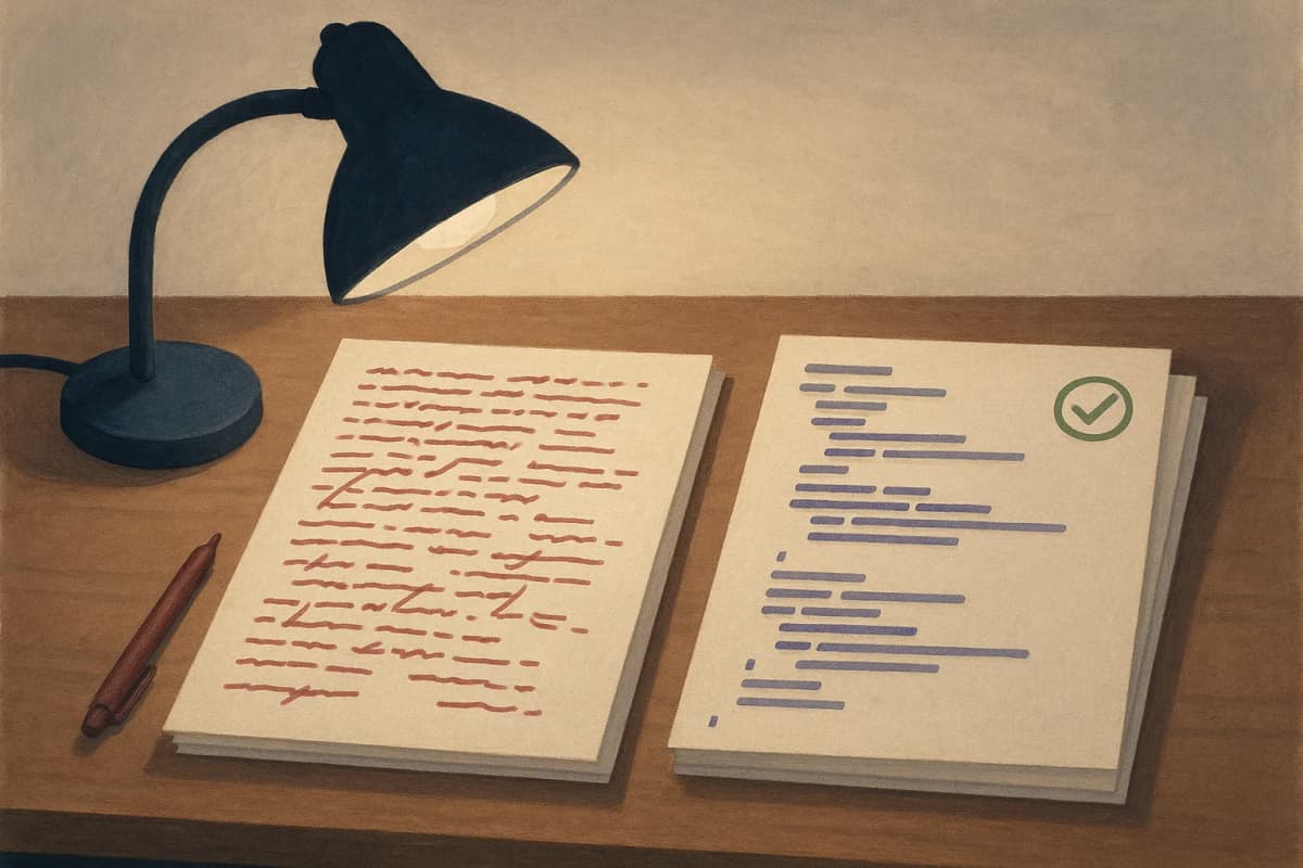 Two printed specification documents lying side by side on a wooden developer's desk under an angled desk lamp: the left stack is dense paragraphs of prose marked up heavily in red pen, the right stack is neatly indented