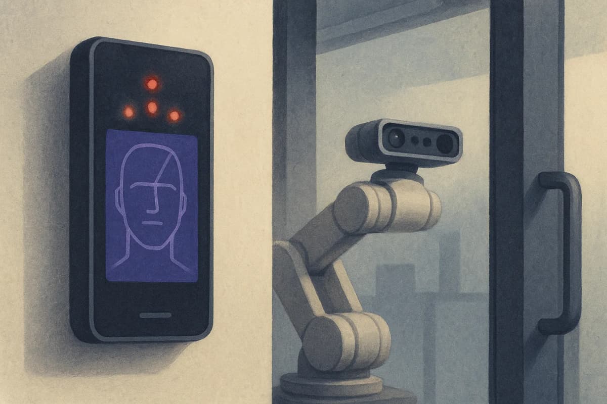A slim facial-recognition reader mounted beside a glass office security door, its infrared lights glowing, with a stereo depth camera sitting on the arm of an idle warehouse robot in the background.
