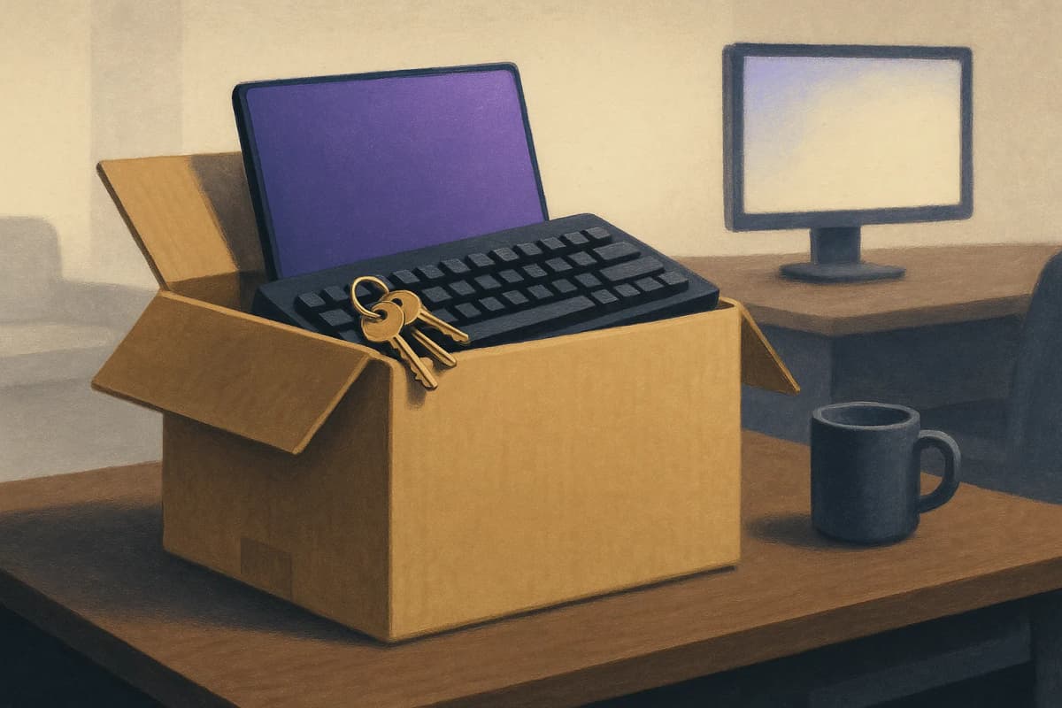 A cardboard office moving box on an emptied desk, packed with a laptop, a mechanical keyboard and a ring of brass keys, while the neighbouring desk still has a lit monitor and a coffee mug left behind.