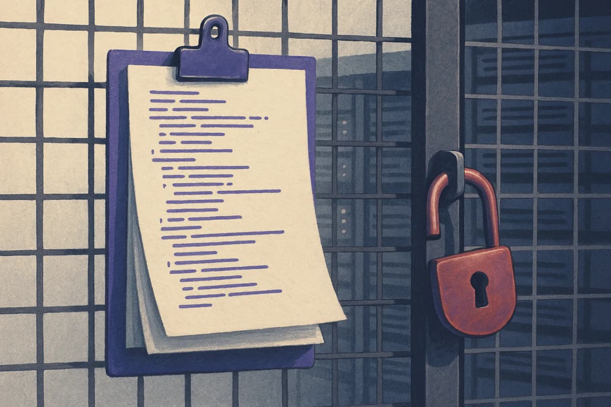 A locked server cage in a windowless data center with a thick printed source-code listing clipped to the cage door and a red padlock hanging open on the latch.