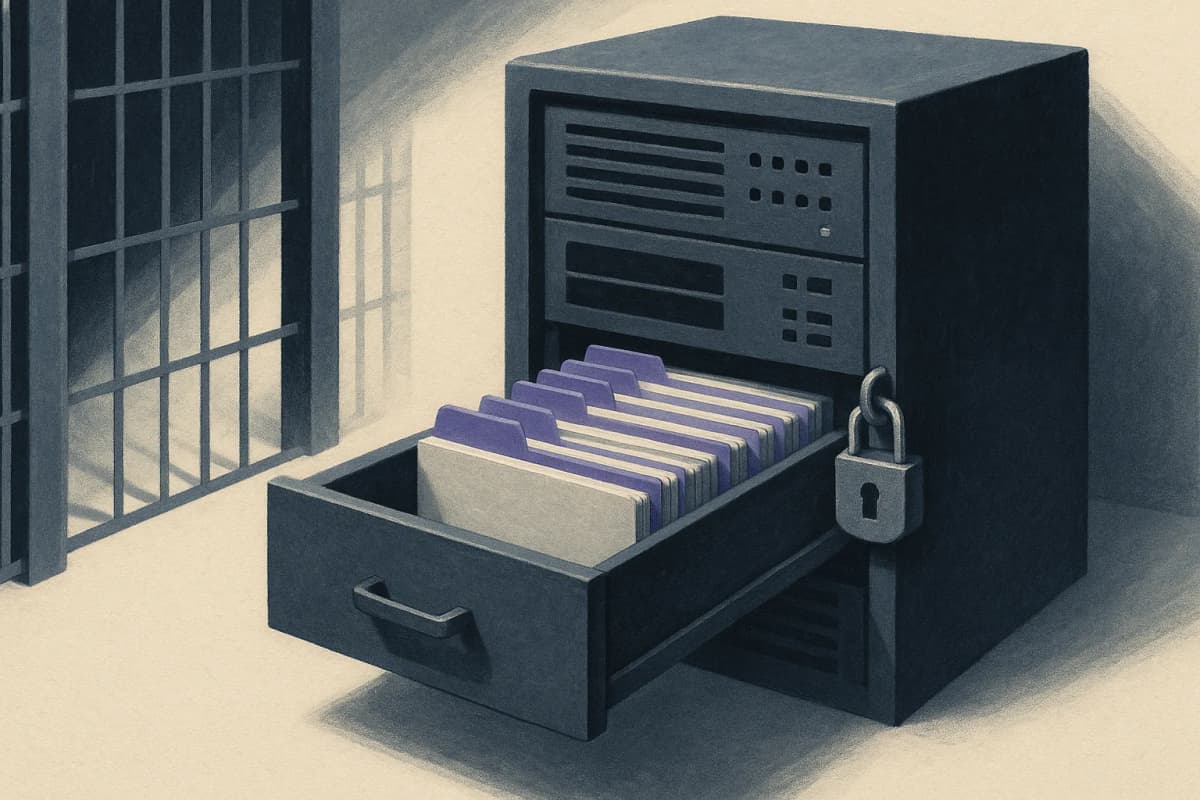 A rack server in a locked, windowless data-centre cage with a single drawer pulled open, revealing rows of index cards filed inside, lit by cold overhead light.