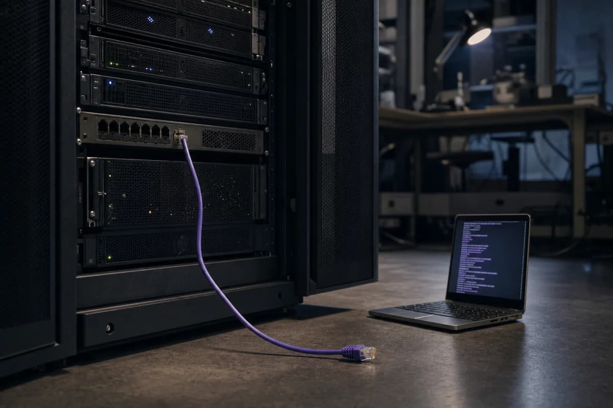 A server rack in a dim test lab with a single network cable pulled out and dangling, its plug resting beside a small open laptop showing scrolling terminal lines, no readable text or logos.
