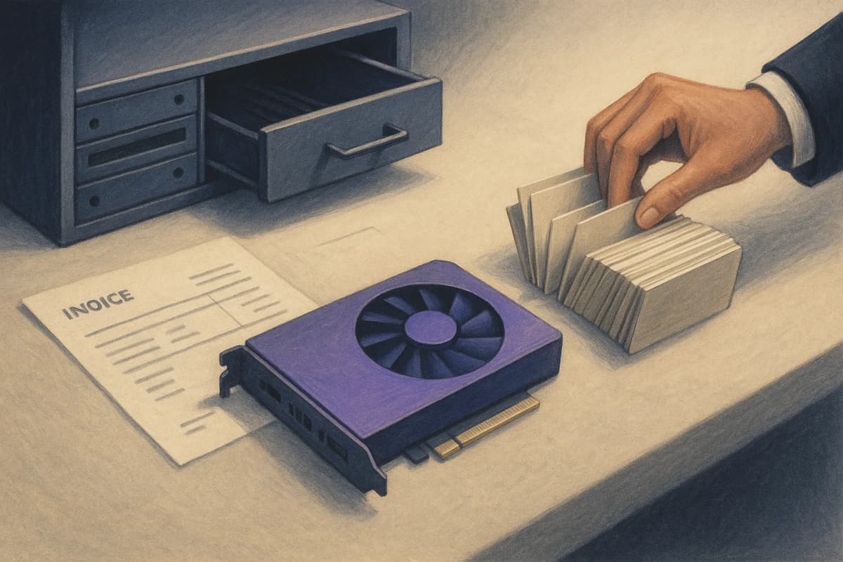 A server rack drawer pulled open with a single GPU card on a workbench beside a printed invoice and a stack of index cards being re-sorted by hand.