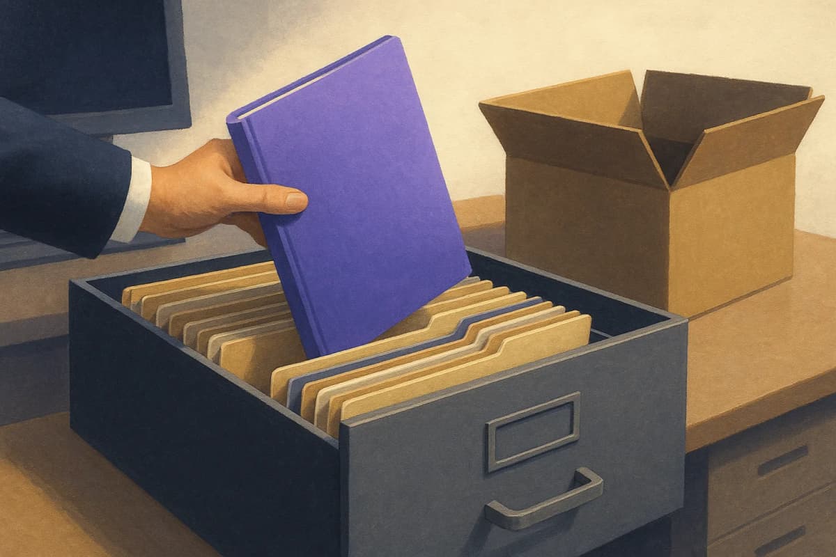 A filing cabinet drawer pulled open in a quiet compliance office, folders of audit evidence inside, one folder being lifted out by a hand toward a cardboard moving box on the desk.