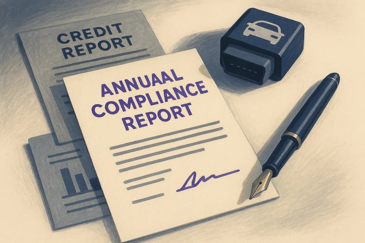 An insurance underwriter's desk with a printed annual compliance report awaiting a signature, a fountain pen beside it, and a car telematics dongle and a credit report lying next to the papers.