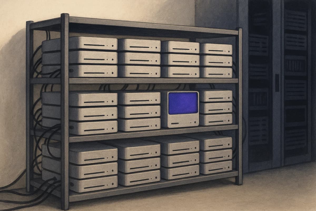 A metal shelving rack in a server room holding rows of identical small silver desktop computers stacked flat, each with power and ethernet cables running to it, and no monitors, keyboards or mice anywhere in the room.
