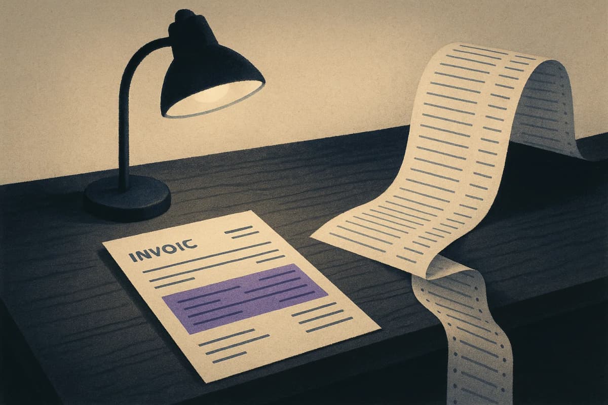 A single software licence invoice lying on an office desk under a lamp, with a much longer second invoice printed on continuous paper unspooling off the edge of the desk onto the floor.