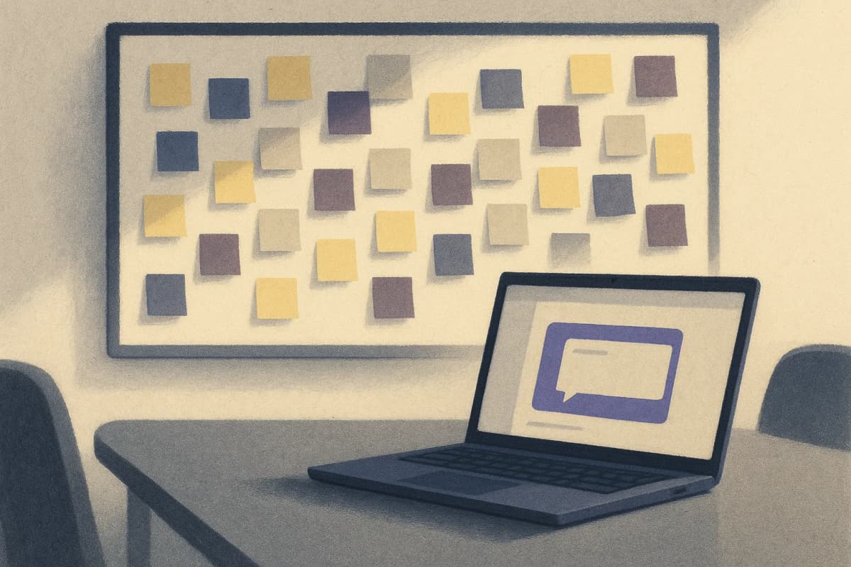 A shared office whiteboard covered in sticky notes from many different hands, with a single open laptop on the table in front of it showing an empty chat window, in a quiet conference room.