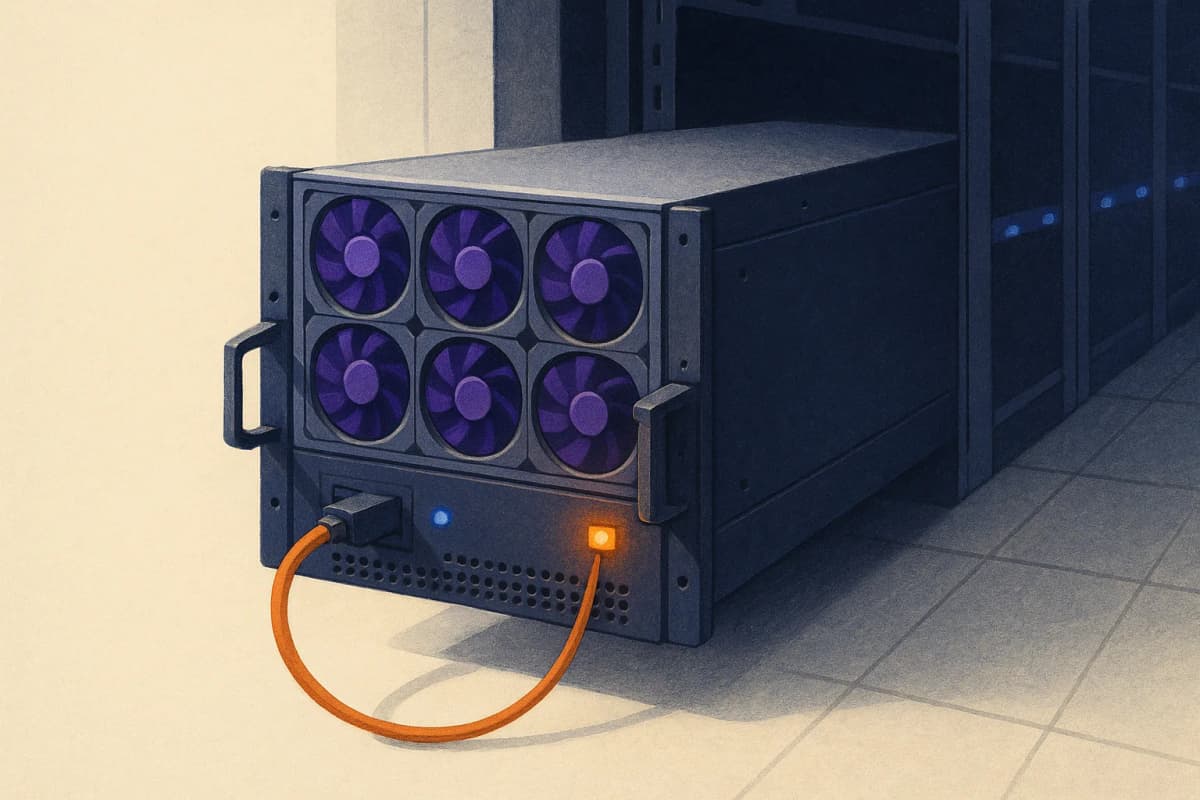 A single 8-GPU server node pulled halfway out of a datacenter rack in a cold aisle, one thick orange InfiniBand cable unplugged and hanging loose beside an amber fault light, the rest of the row lit blue.
