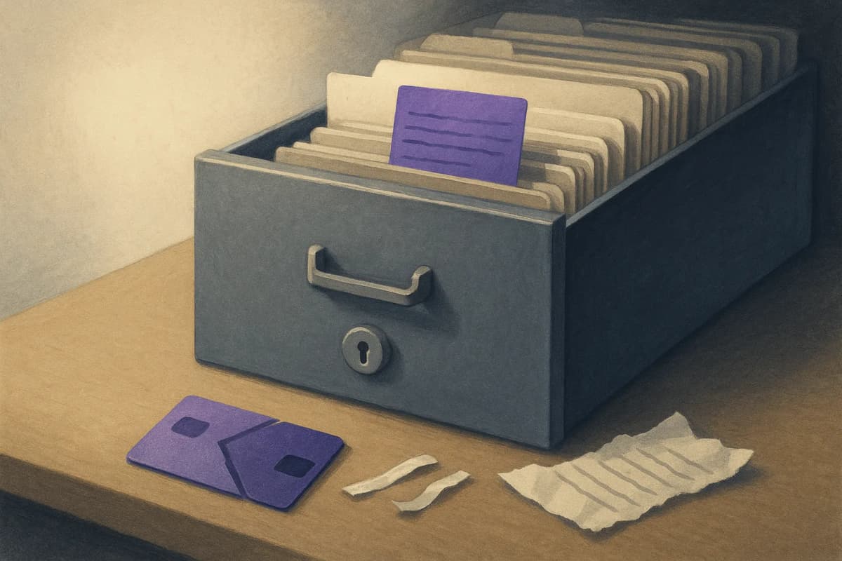 A grey metal office filing cabinet drawer standing open in a dim room, a single handwritten index card wedged upright behind a row of paper dividers, with a snapped plastic keycard and a shredded slip of paper lying on t