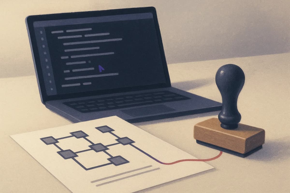 A laptop on a security reviewer's desk showing a code editor, beside a printed network diagram with a single cable drawn in red pen leading off the page, and a rubber approval stamp resting on the paper. No readable text