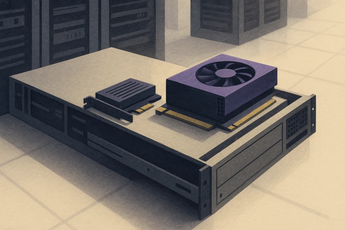 An open server rack in a data centre aisle with an inference appliance pulled halfway out on its rails, a large GPU card and a smaller PCIe accelerator card lying side by side on top of the chassis. No text or logos.