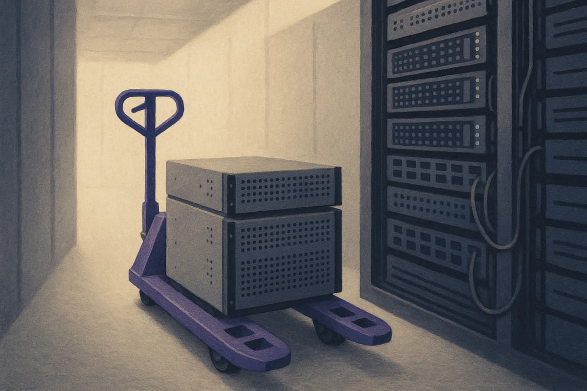A pallet jack in a data centre aisle carrying two GPU servers away down the cold aisle, while a fully cabled row of disk shelves stays racked and lit behind it.