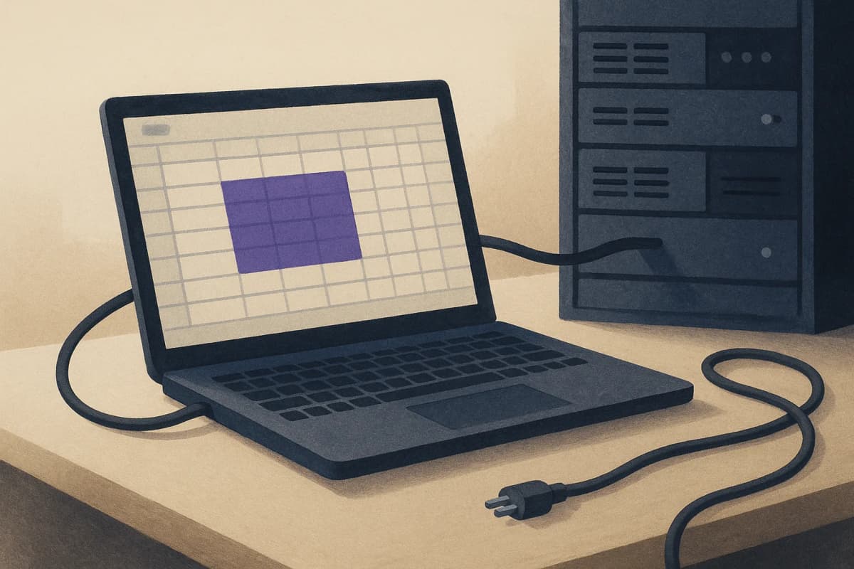 A laptop on an office desk showing a large spreadsheet grid, with a thick cable running from it to a server rack while a second, loose cable lies unplugged on the desk beside it.
