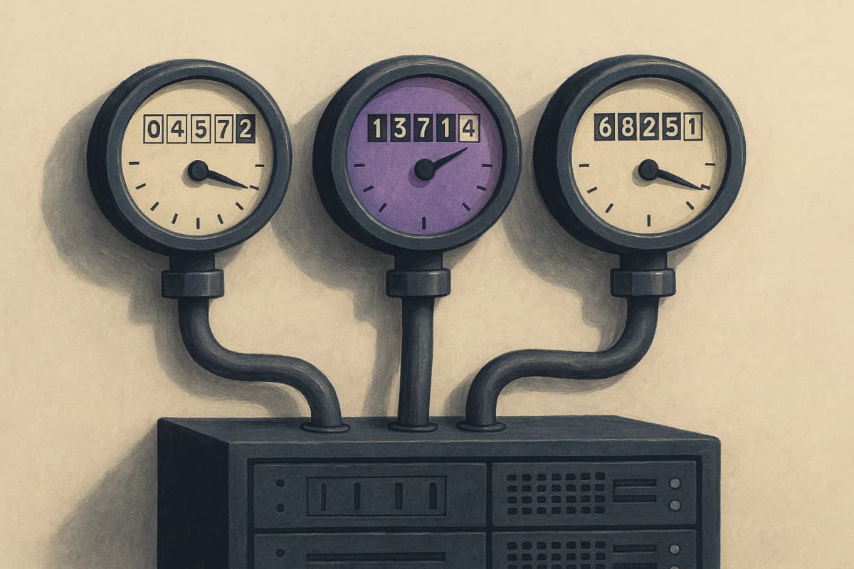 Three industrial utility meters mounted side by side on a server-room wall, each dial showing a clearly different reading, with thick conduit running from them down into a rack of servers.