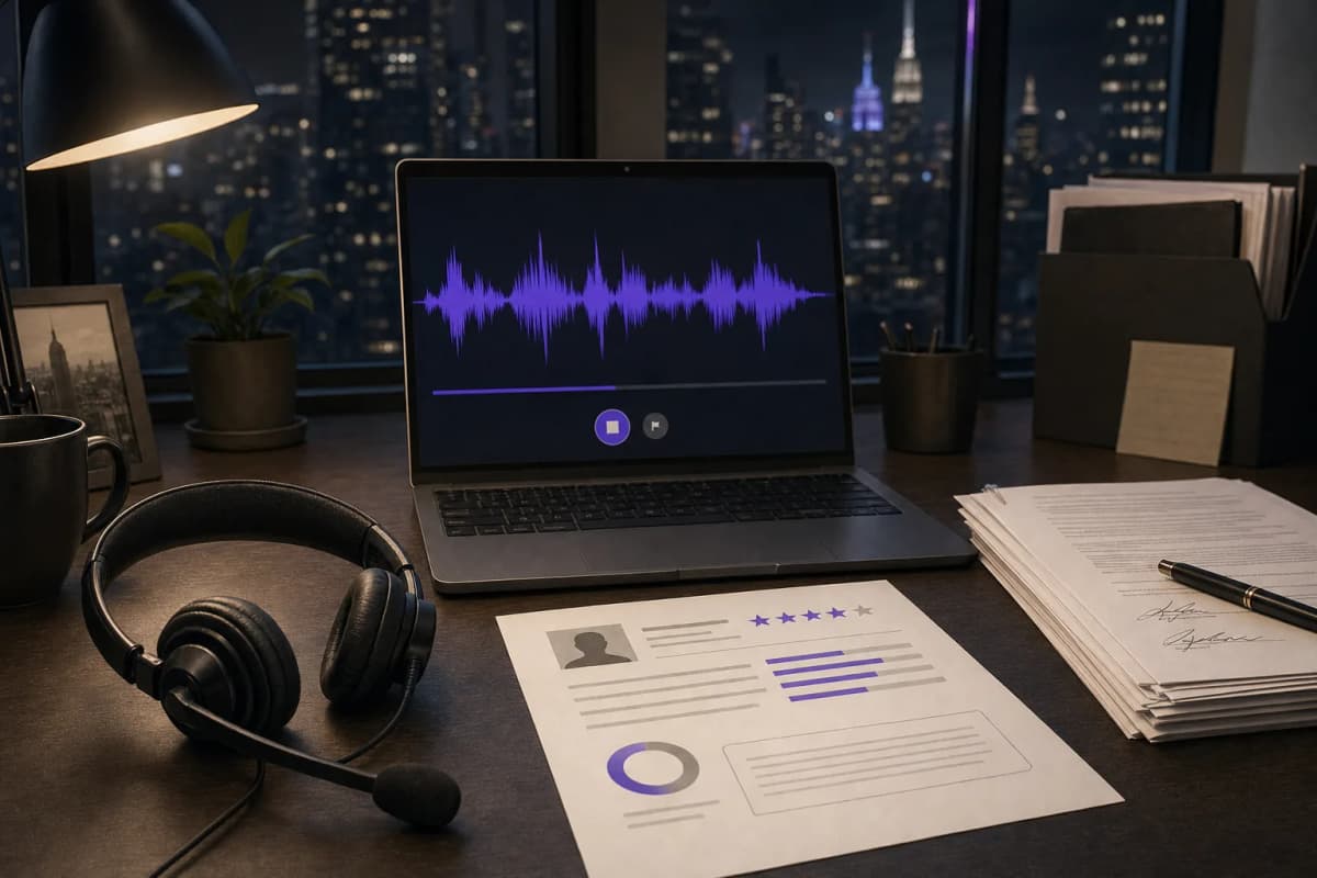 A recruiter's desk at night with a headset resting beside a laptop showing a live audio waveform, and a printed candidate scorecard next to a stack of signed contract pages.
