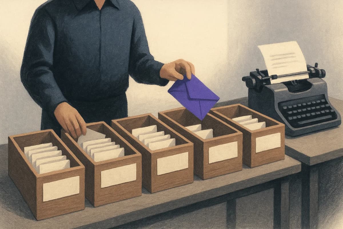 A busy mailroom sorting table where a single clerk drops envelopes into five labelled wooden bins, while beside the table an expensive typewriter sits unused with a half-typed page in it.
