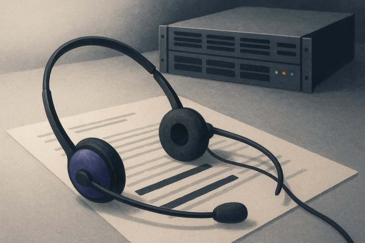 A contact-centre headset lying on a desk beside a printed call transcript with several lines blacked out by redaction bars, a rack-mounted GPU server with glowing front-panel lights standing in the background.