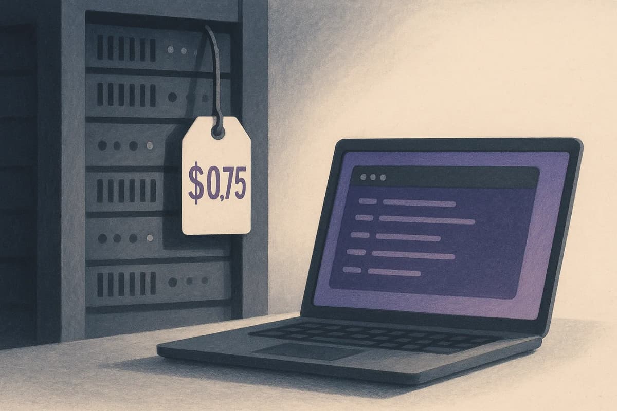 A server rack in a dim data hall with a single price tag reading $0.75 hanging from a cable, beside a laptop showing a terminal window full of search queries.